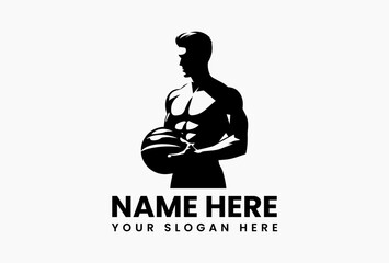 Abstract male silhouette mid-barbell lift, negative space motion lines for energetic gym branding  