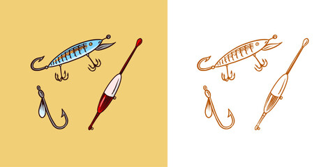 Spoon, fishing hook and float. fishing tackle in hand drawn engraved style