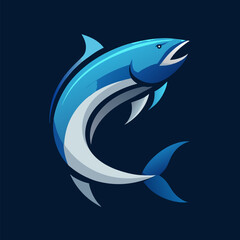 Naklejka premium Aqua Dive: A sleek illustration of a tuna, rendered in cool hues of blue and white, elegantly leaping against a deep navy backdrop.