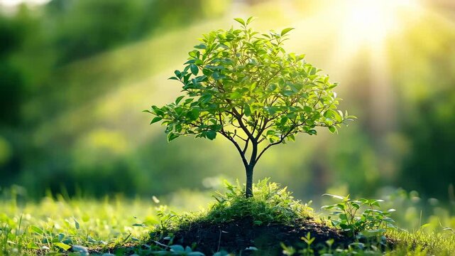 Young tree on a mound with lush green leaves, sunlight, blurred forest background representing growth, nature, and environmental conservation