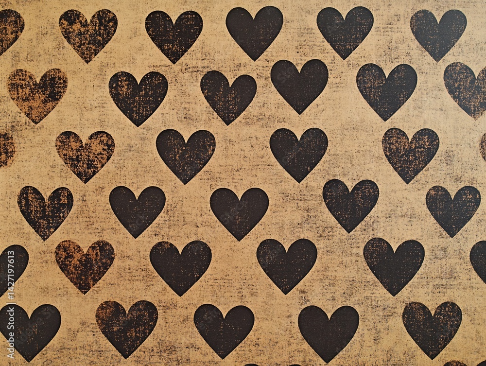 Poster tan background with repeating pattern of dark brown hearts