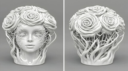 White rose head sculpture, two views, grey background, decorative art