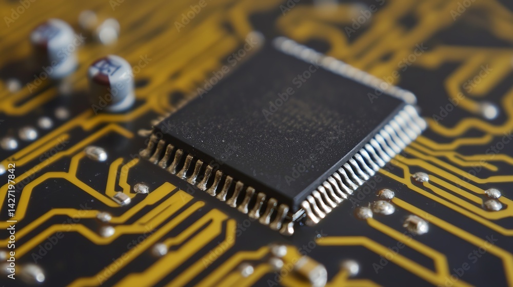 Poster close up detailed view of microchip integrated circuit technology electronic computer hardware moder