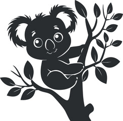 A cute cartoon koala character sitting on a tree branch surrounded by leaves in silhouette.