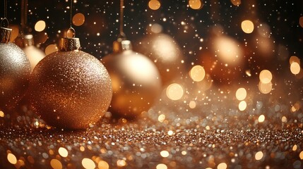 Shimmering Gold Christmas Ornaments and Bokeh Lights Create a Festive Holiday Background