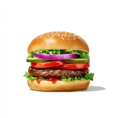 Delicious burger with fresh veggies on white background