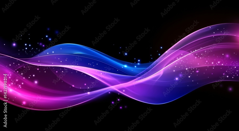 Poster vibrant glowing dots and dynamic wavy lines are set against a dark, cosmic background in this abstra