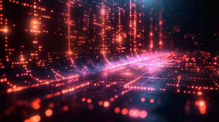 Futuristic Data Stream Visualization with Red Light Points and Circuit Board Texture