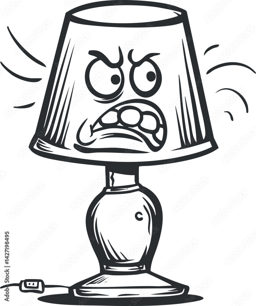 Poster a cartoon illustration of an angry lamp with a comical expression and exaggerated features.