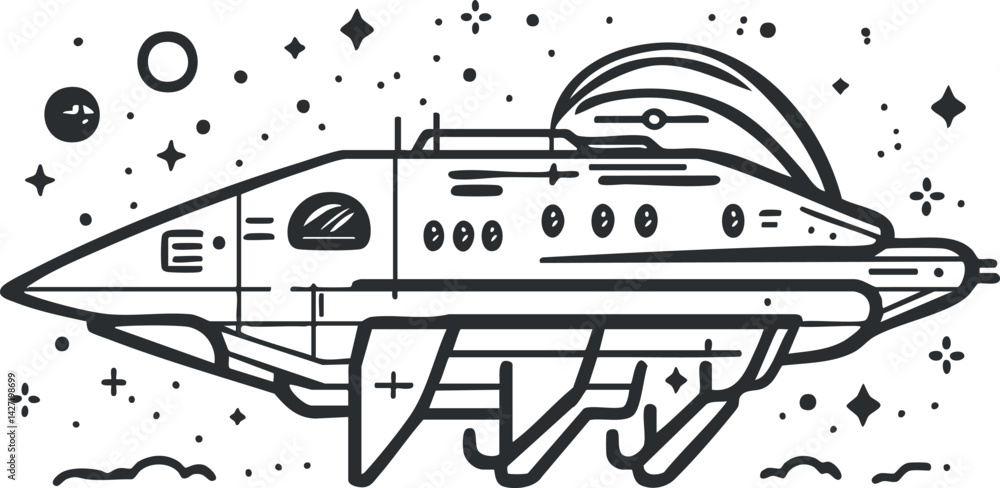 Poster a stylized illustration of a futuristic spaceship in outer space with stars and planets.