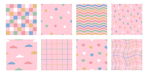 Seamless patterns set with stripes, cells, hearts, stars, drops, waves, clouds. Cute  backgrounds for kids or fabric. Funky hippie fashion textile print, retro background. Vector illustration