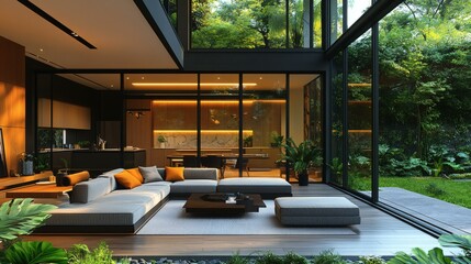 Modern open-plan living room and kitchen interior featuring large windows and stylish furniture showcasing a luxurious and serene