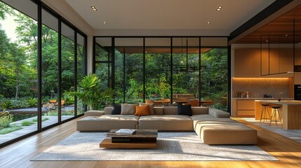 Fototapeta premium Modern living room merges with nature offering seamless indoor-outdoor flow and a harmonious living space with natural light.