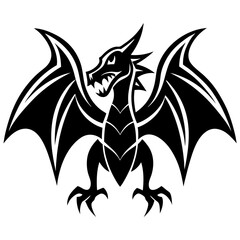 Obraz premium Mythical Guardian: A striking black illustration of a majestic dragon with spread wings, embodies power and protection, a classic representation of mythical creatures.