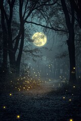 Fototapeta premium Enchanting Moonlit Forest Path with Fireflies.