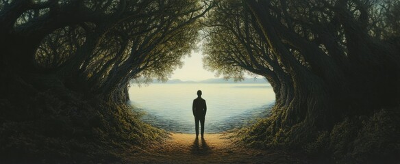 A solitary person stands facing a tranquil body of water