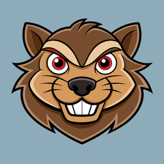 Grinning Beaver Mascot: A fierce yet friendly cartoon beaver mascot with a wide grin, sharp teeth and red eyes. Perfect for sports teams, logos and branding.