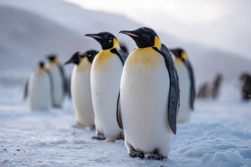 Emperor penguins huddle together on Antarctic ice with snow falling and distant mountains under soft daylight
