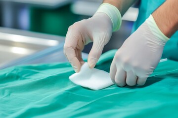 Fototapeta premium Caucasian doctor applies cotton pad on injection site of Asian female patient during medical procedure