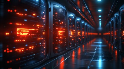 Obraz premium Rows of Network Server Racks Glowing with LED Lights Displaying Data in a Dark Server Room Creating a Futuristic High-Tech Environment