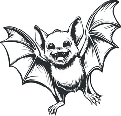 A whimsical illustration of a cartoon bat with outstretched wings and a playful expression.