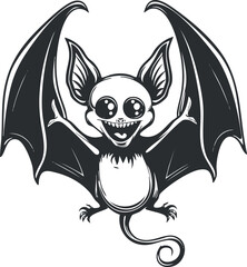 A playful cartoon bat character with a mischievous smile and large wings in black and white.