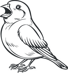 A detailed black and white illustration of a singing bird with distinct features.