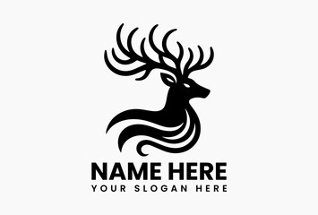 Bold black stag head silhouette with ornate antlers, elegant wildlife logo for luxury brands and outdoor apparel