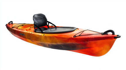 An empty vibrant orange and yellow kayak sits isolated on a white background ready for a paddling adventure on the lake or river this summer season.