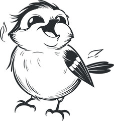 A cheerful cartoon bird with a playful expression and outstretched wing in black and white.