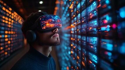 Immersive Future Tech: Man in VR Headset Navigating a Digital Data Center Landscape