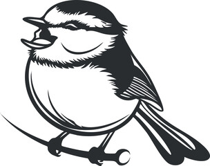 A black and white illustration of a singing bird perched on a branch.