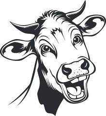 A cheerful cartoon illustration of a smiling cow head in black and white.