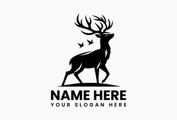 Bold black stag head silhouette with ornate antlers, elegant wildlife logo for luxury brands and outdoor apparel