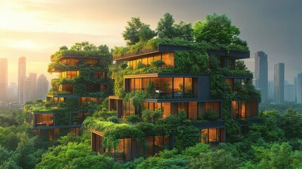 Verdant urban architecture with vertical gardens and modern design blends nature and city