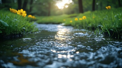 Fototapeta premium Serene Stream: Sunlight Glimmering on Water Amidst Lush Greenery and Vibrant Yellow Flowers