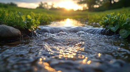Fototapeta premium Close-up View of Gentle Stream Water Flowing through Lush Greenery at Sunset