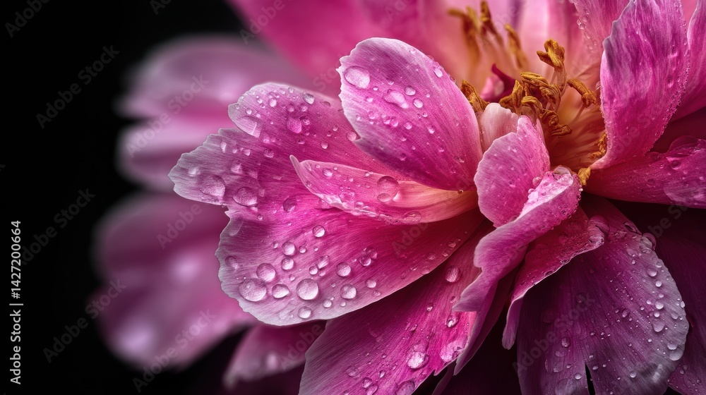 Poster close-up view of delicate pink flower petals adorned with water droplets and soft shadows captured i