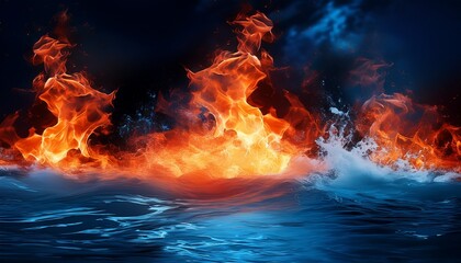 Fototapeta premium a dramatic shot of fire and water in a clash of elements the flames are bright orange and red while the water is cool blue and white the image has a dark background that makes the colors pop