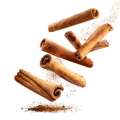 Set cinnamon sticks flying, isolated on white background, clipping --v 7.0