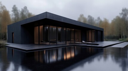 Obraz premium Dark modern home with pool in tranquil forest setting