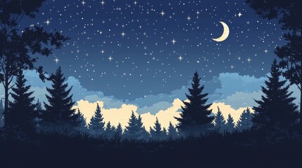 Naklejka premium The forest's dark shapes stand out against a twinkling night sky at twilight, creating an atmosphere of isolation and intrigue