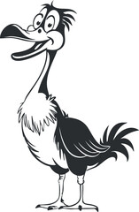A playful cartoon ostrich character with a big smile and whimsical features.