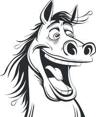 A cheerful cartoon horse character with a big smile and playful expression in black and white.