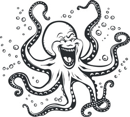 A playful cartoon octopus with a big smile and swirling tentacles surrounded by bubbles.