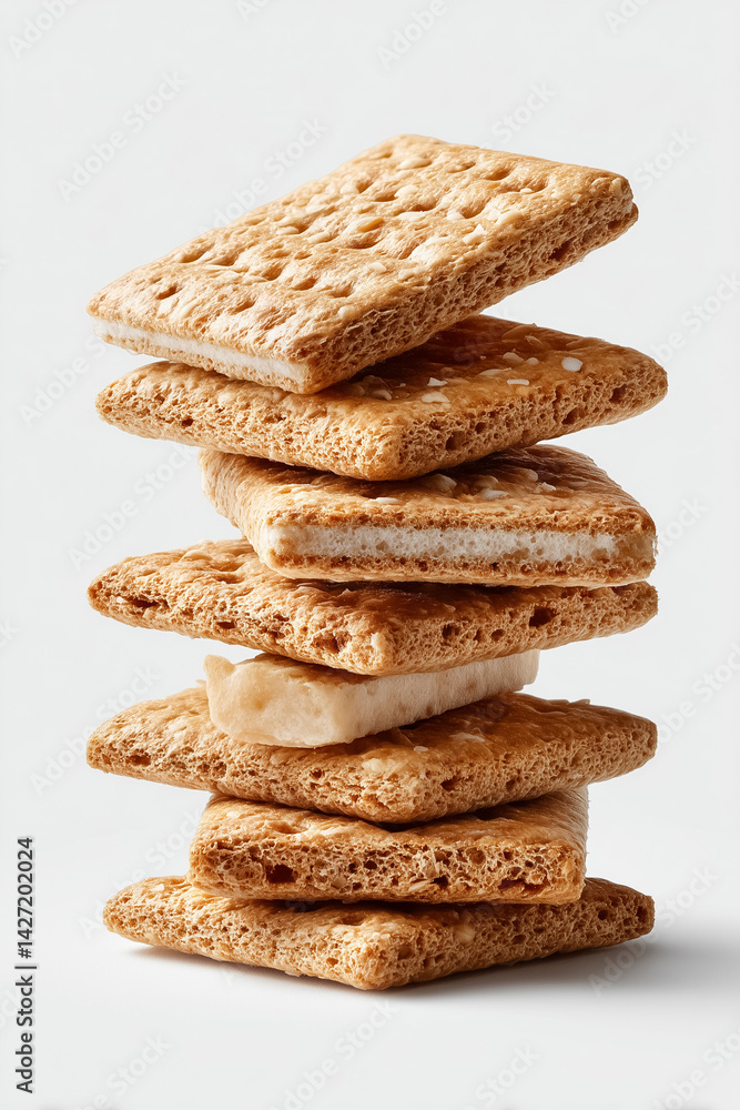 Poster crispbread slices stacked in minimalist style on clean white background. focus on texture and detail