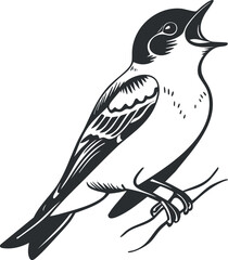 Stylized illustration of a singing bird perched on a branch in black and white.