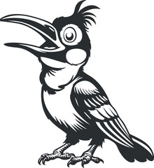 A playful and whimsical illustration of a singing woodpecker in black and white.