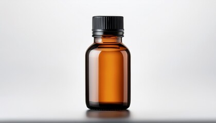 Amber glass bottle with black cap on white background.