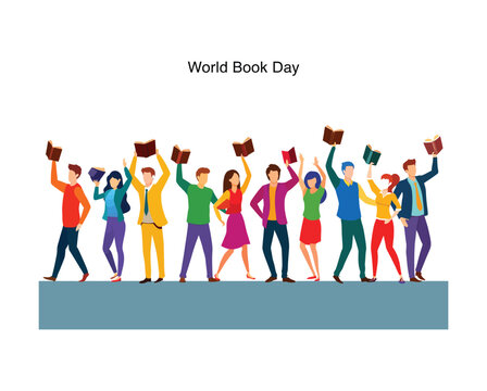 A vibrant vector illustration captures a silhouette group of people, a diverse crowd of men and women, holding a book in a display of teamwork and unity for World Book Day.